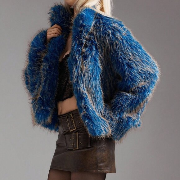 Blue Casual Women's Minimalist Faux Fur Stand Collar Coat - Picture 3 of 5